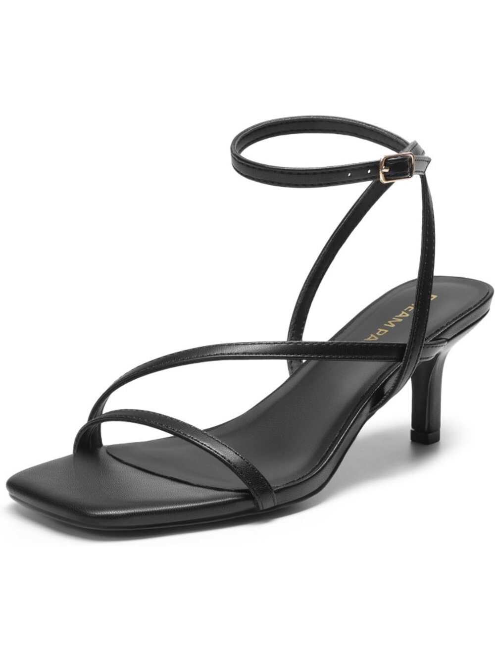 Women's Black Faux Leather Low Kitten Heels Open Square Toe Ankle Strap Sandals